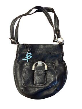 B. Makowsky Black Soft Leather Hobo Shoulder Bag Chunky Hardware Logo Charm